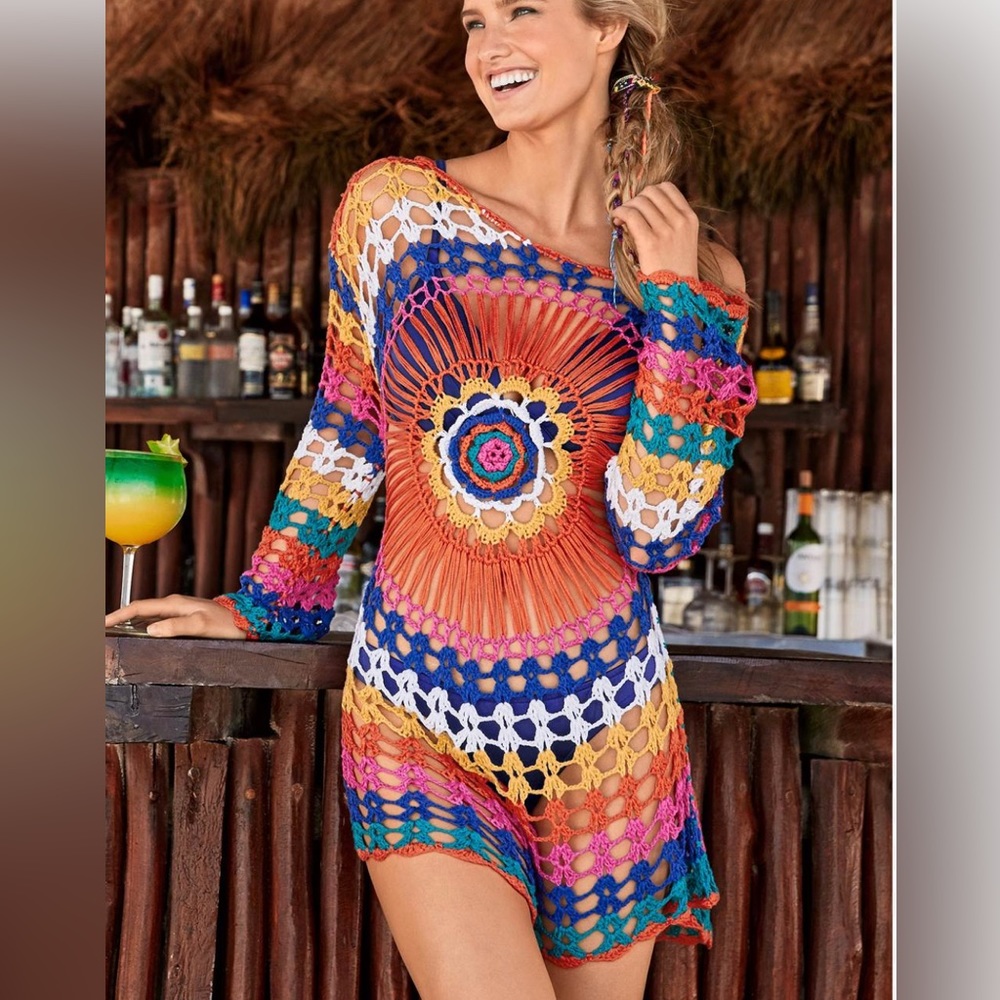 Crochet Detail Cover-Up, long sleeved, loose-fitting. Multicolor. Sizes: S